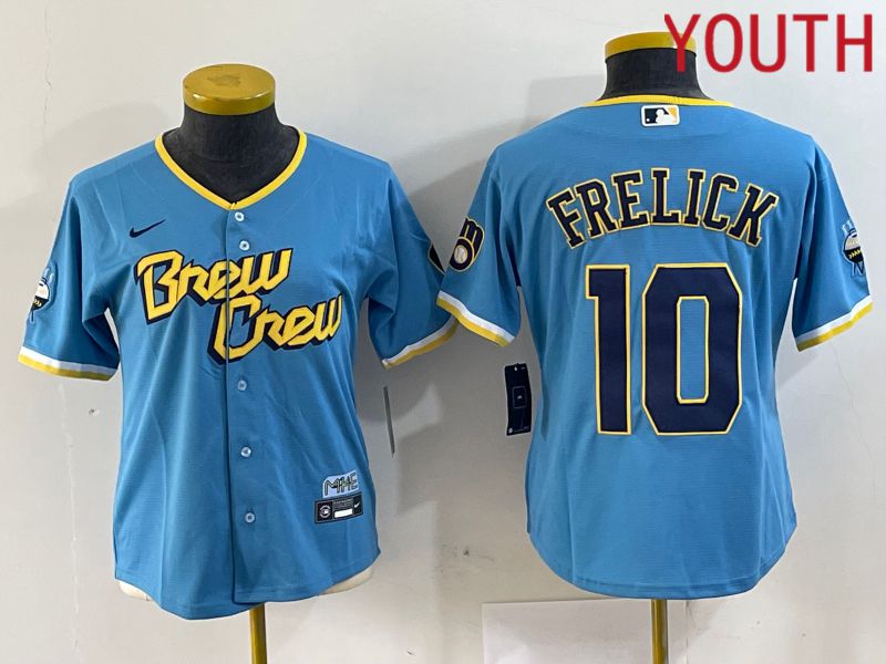 Youth Milwaukee Brewers 10 Frelick Blue City Edition 2024 Nike MLB Jersey style 1